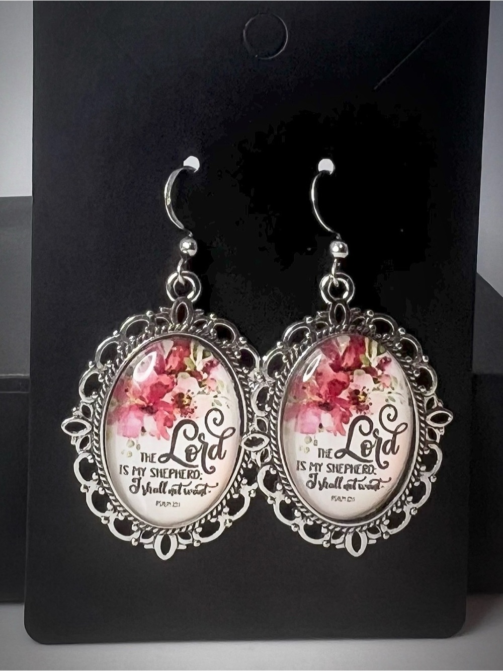 The Lord is My Shepherd Floral Scripture Oval Drop Earrings in Pink and Silver - Picture 2 of 3